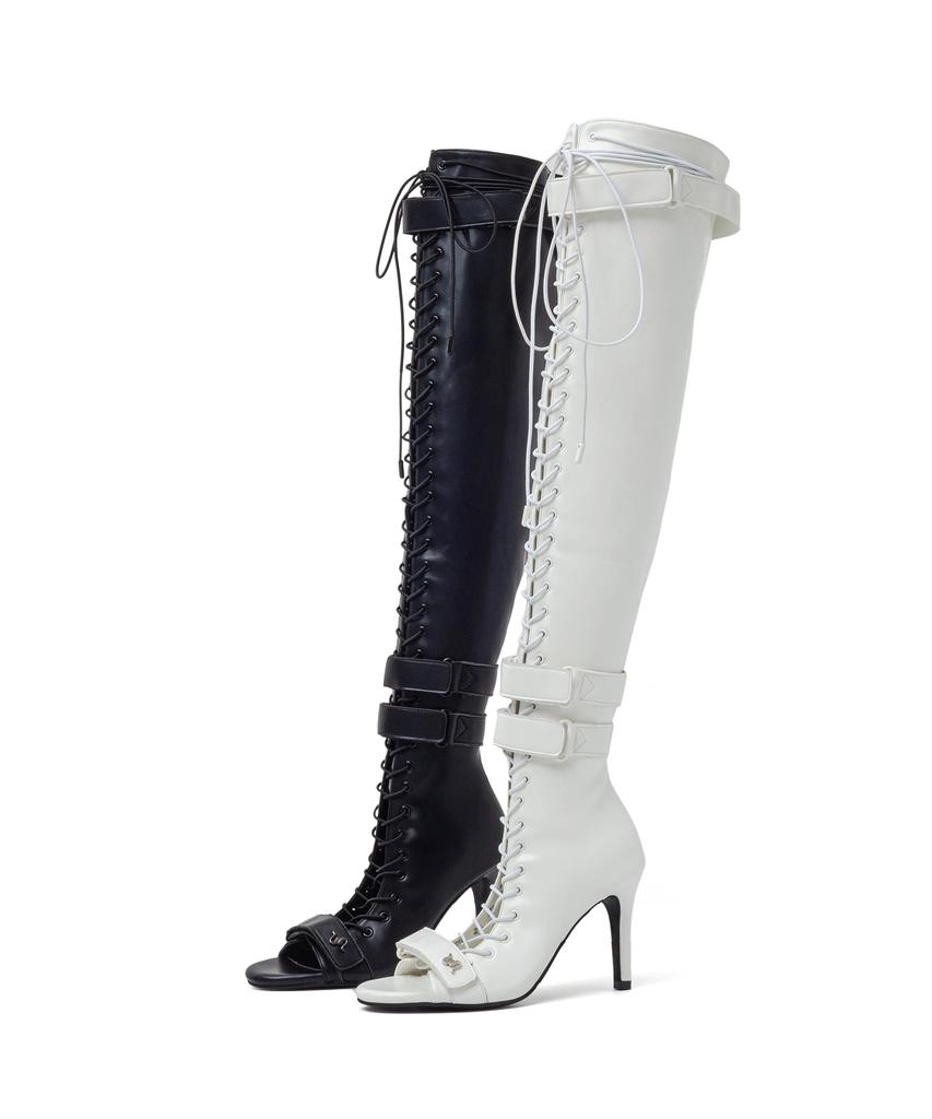 Ssimeez Double Strap Lace-Up Open-Toe Heel Boots (White)