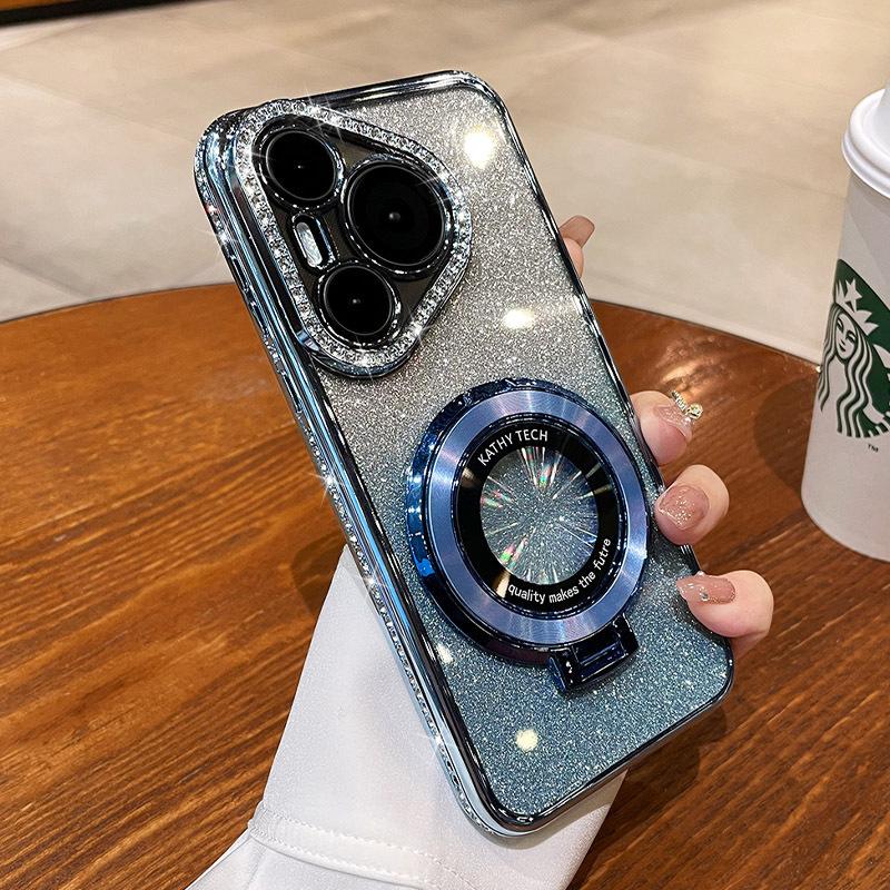 Applicable to Huawei P80pro rhinestone frame CD pattern magnetic suction bracket mobile phone case Mate80 glitter all-inclusive anti-drop cover