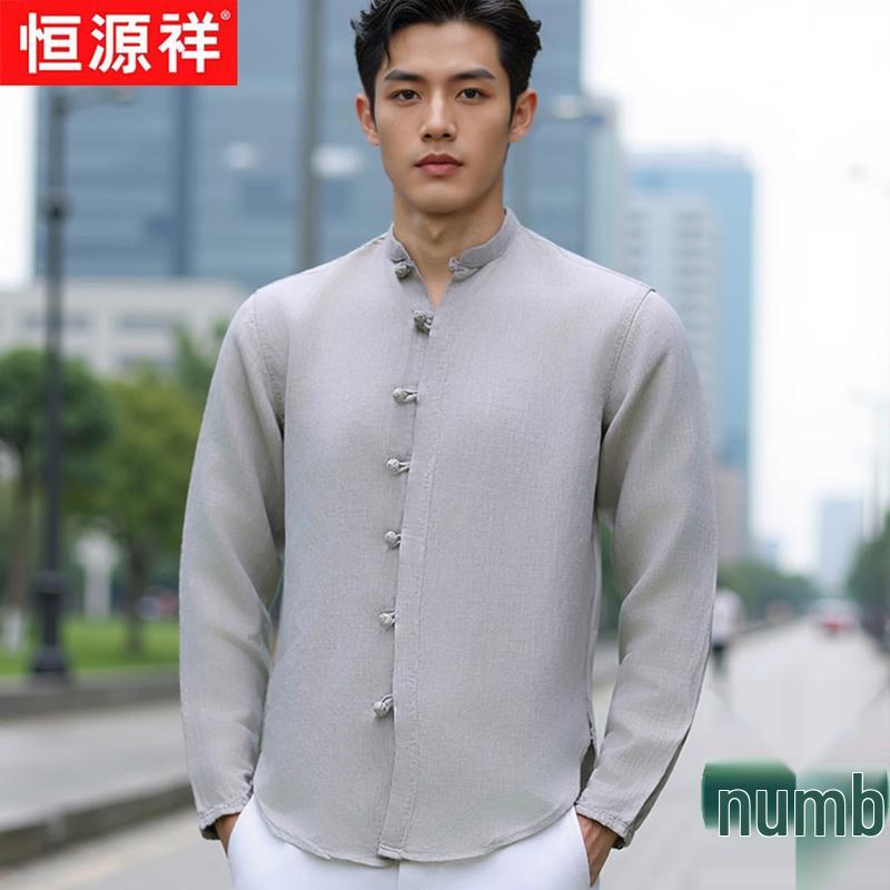 Hengyuanxiang Men s 100% Linen Stand-Collar Long-Sleeve Shirt L