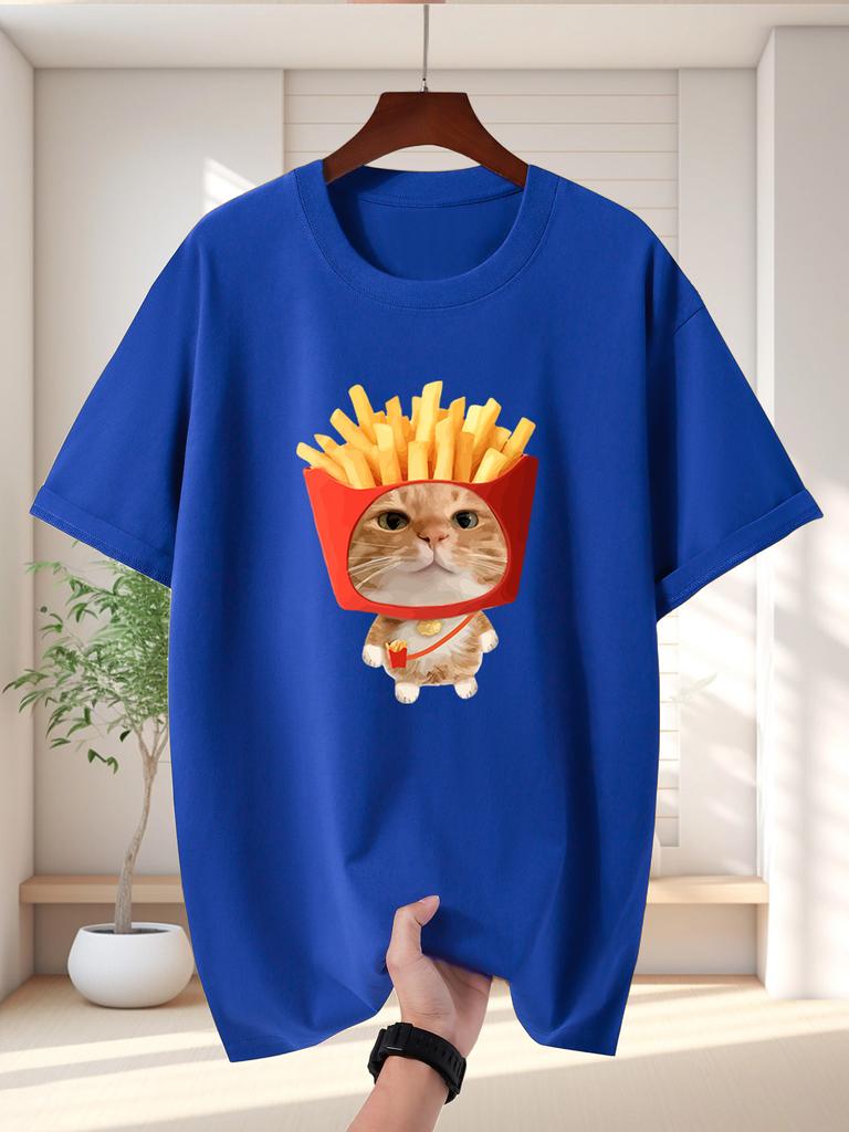 Unisex T Shirt Cute Fries Bucket Orange Cat Graphic Tee Funny Food Pet Print Short Sleeve O Neck Loose Casual Top Summer Streetwear