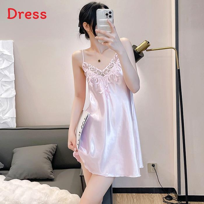 Summer Womens Satin Sleep Dress With Lace Trim Sleeveless Lounge Wear For Home Relaxation