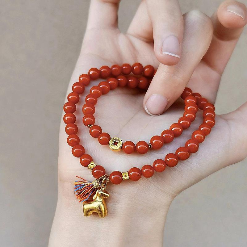 Persimmon Red Agate Bracelet with Sand Gold Horse Charm