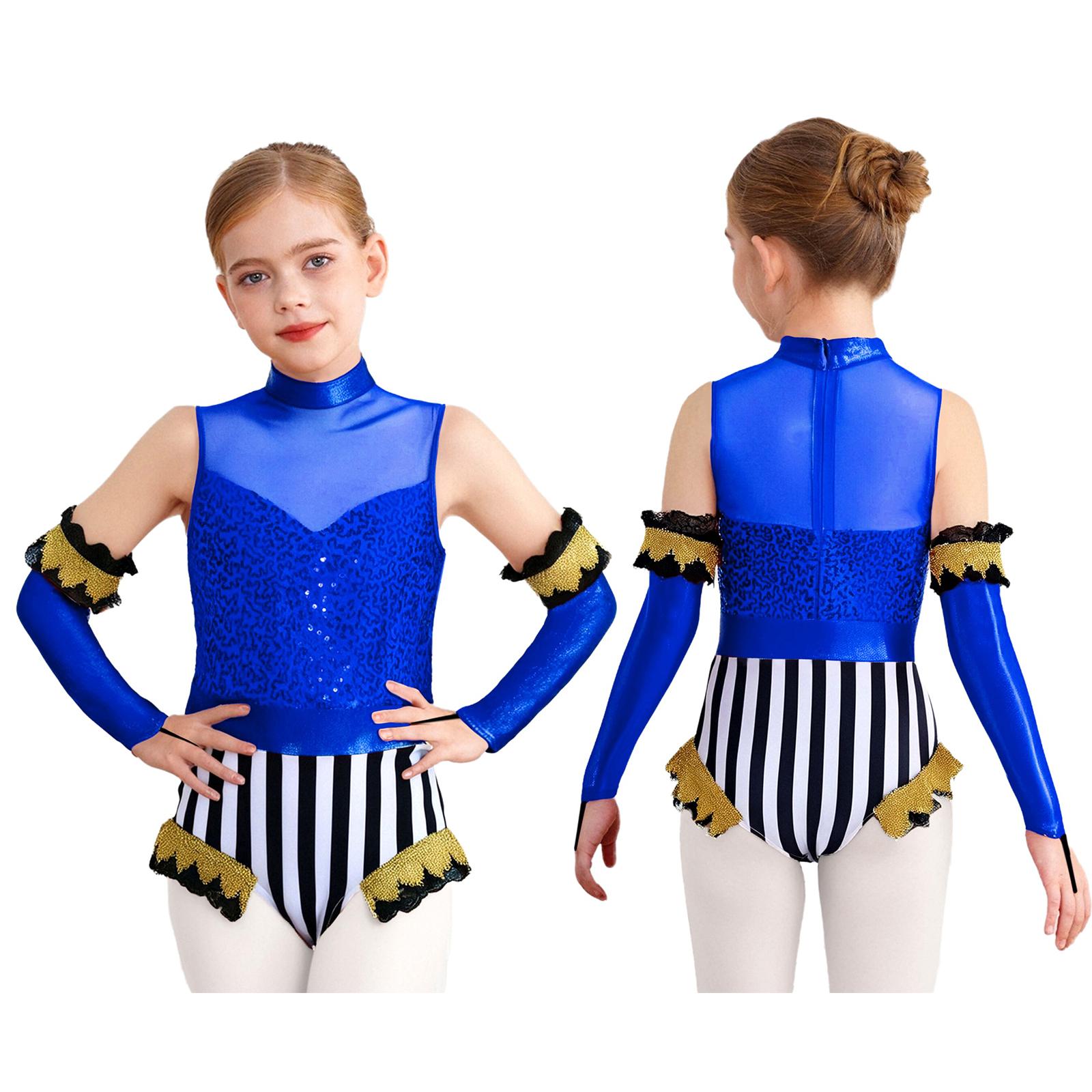 

Children’s 2Pcs Circus Jumpsuit and Oversleeve Mock Neck Sleeveless Sequins Lace Gold Trim Snap Crotch for Stage Performance 5-6 Years темно-синього кольору