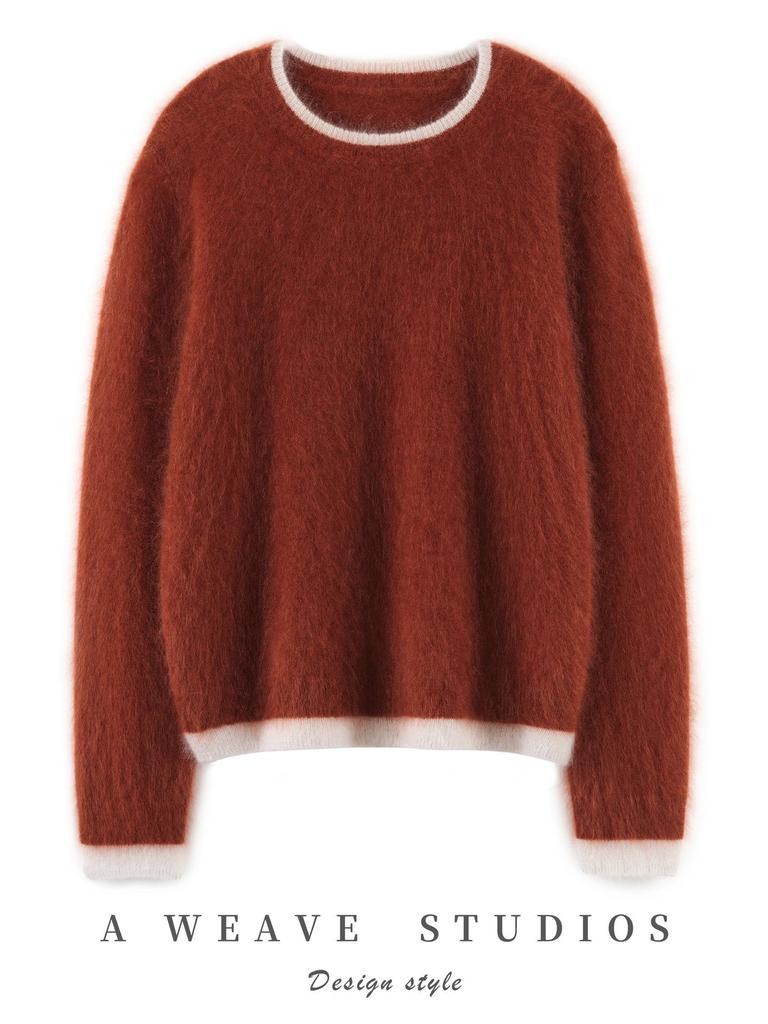 Women's 100% Cashmere Color Block Round Neck Pullover Sweater - Autumn/Winter Seven Gauge Single Ply Loose Fit