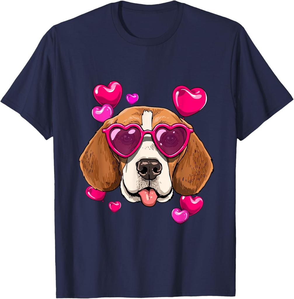 Beagle Heart Sunglasses Valentines Day Dog Lover Graphic Tee Casual Cotton T-Shirt