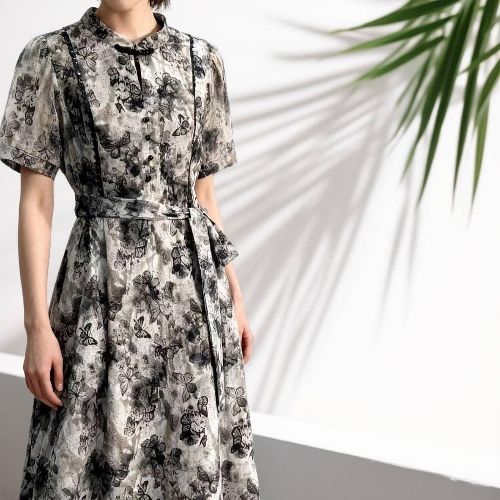 Elegant Lace-up Waist Midi Dress - Summer Print