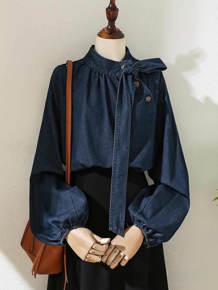 Designer Bowknot Denim Shirt With 3d Pattern And Lantern Sleeves For Spring Casual Wear