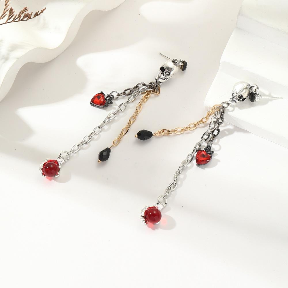 Cross-border new Halloween jewelry earrings, punk style, dark skull, hand claws, ruby tassels, pendant earrings