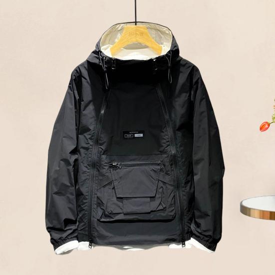 

Yousheng Men Trench Coat Hooded Drawstring Long Sleeve Double Zipper Cargo Tops Solid Color Large Pocket Street Style Outwear XL хаки