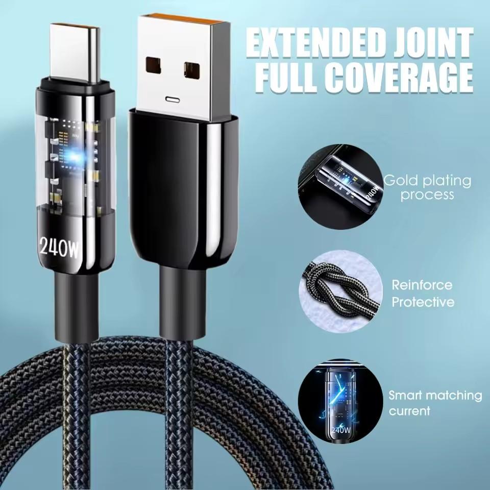 240W Super Quick Charging Nylon Cables USB Type C Transparent LED Display Data Cord USB-C Wire for Android Samsung Xiaomi