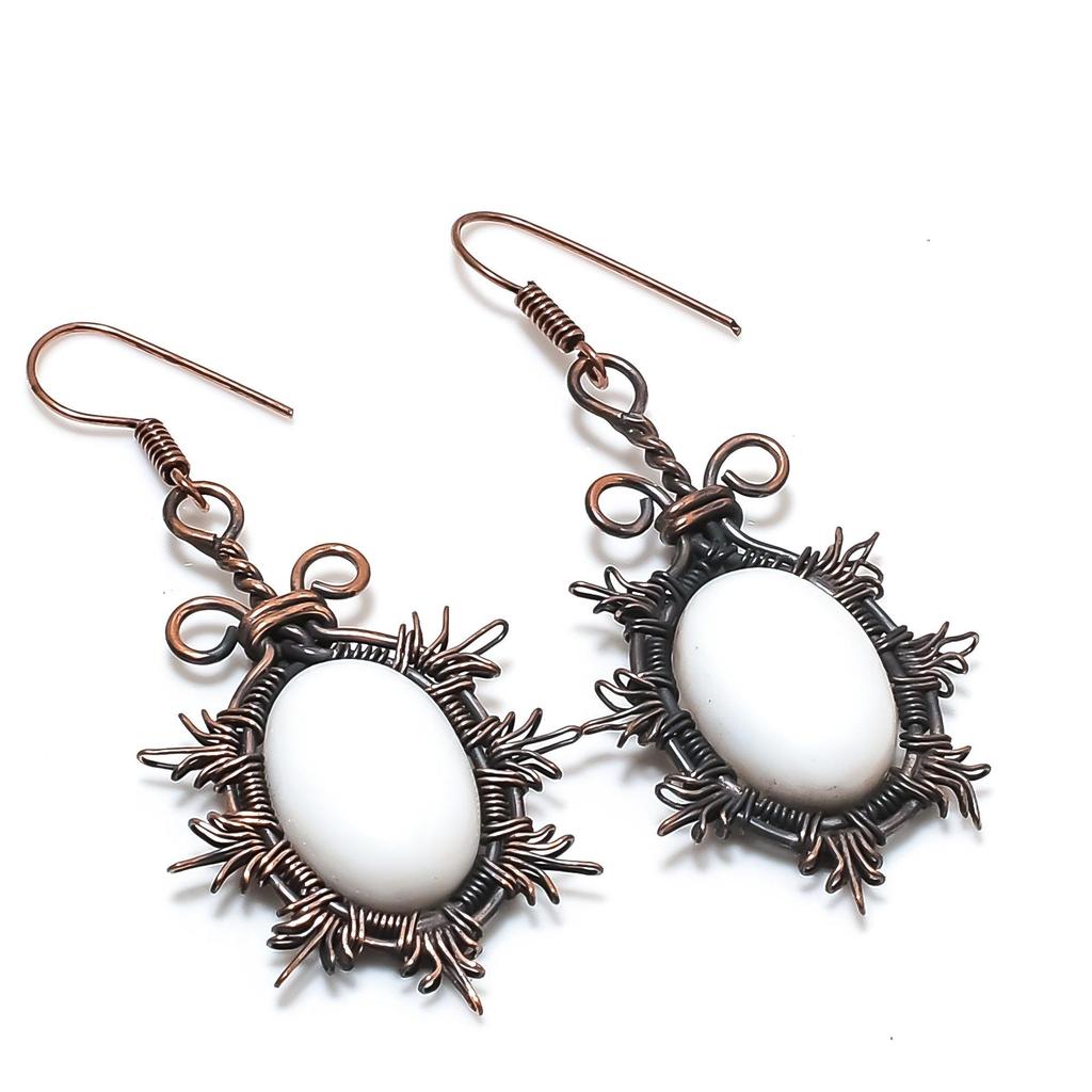 White Coral 999 Copper Wire Wrapped Earrings, Handmade Gemstone Earrings Jewelry, Gifts For Wife Brand New Earrings