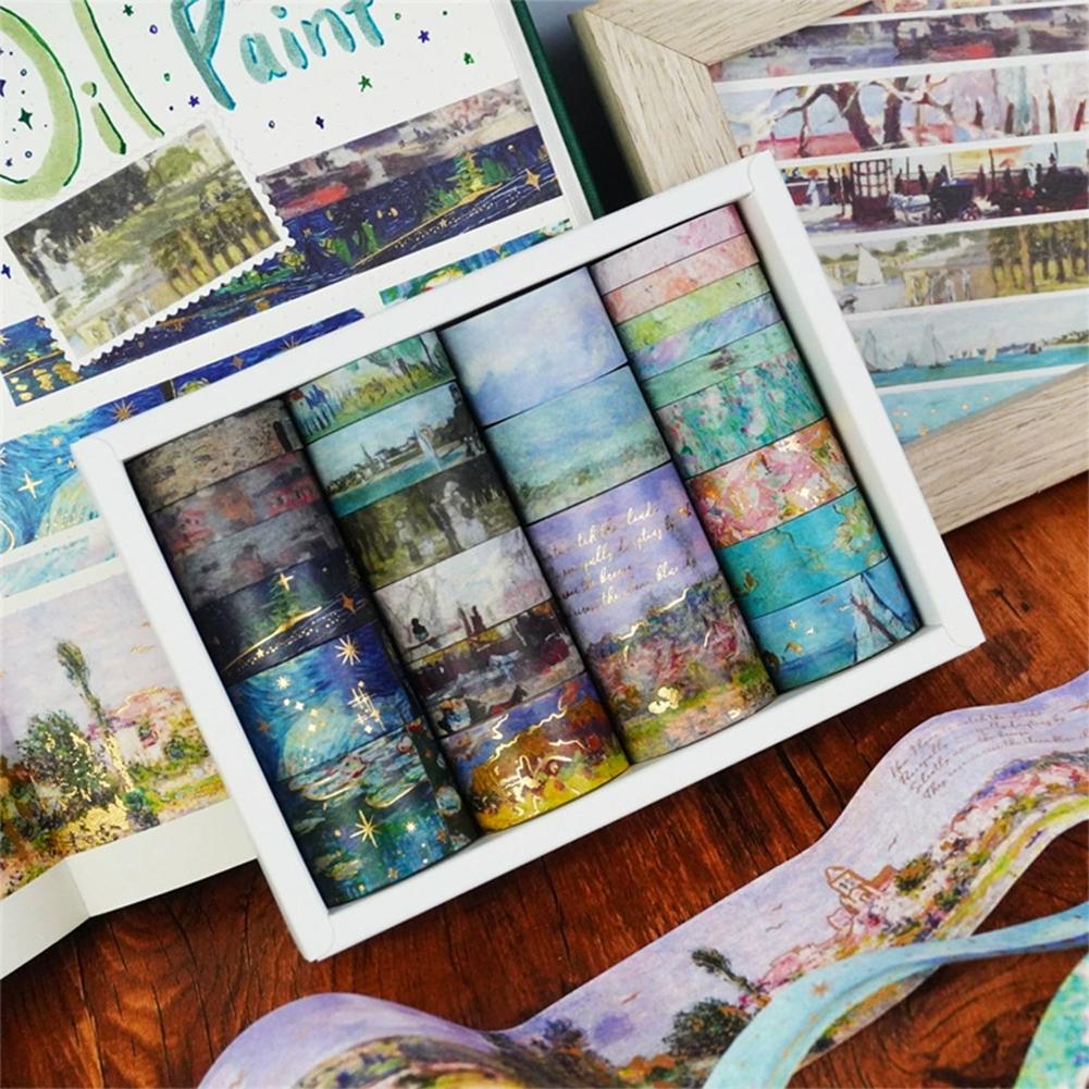

24Pcs Oil Painting Retro Washi Tape Stickers Gold Foil Stickers Colorful Collage Handbook Materials Scrapbook DIY Sticker Decoration