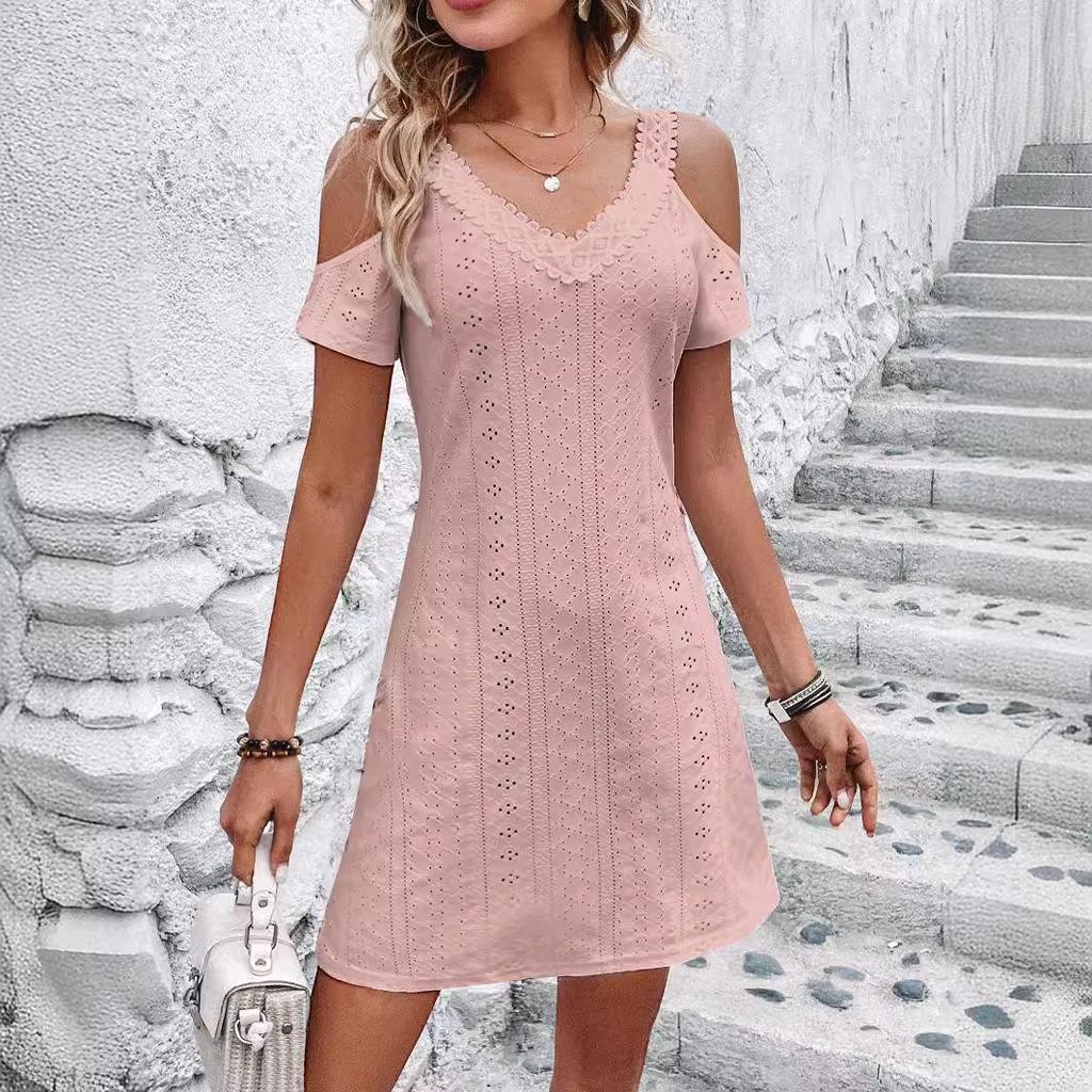 Summer Women's Stylish Dress New Off Shoulder Short Sleeved Dress Slimming Temperament Daily Comfortable Solid Color Lace Pattern V-neck Dress