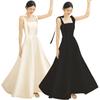 Women Wedding Dress Satin Lace-up Shoulder Strap Bow Square Neck A-line Big Swing Solid Color Sleeveless Long Dresses