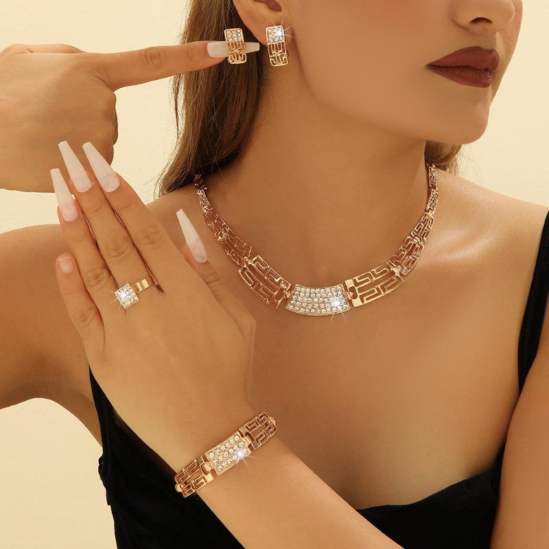 Fashion Light Luxury Jewelry, Alloy Jewelry Set, Full Diamond Necklace, Earrings, Ring Bracelet Four-piece Set