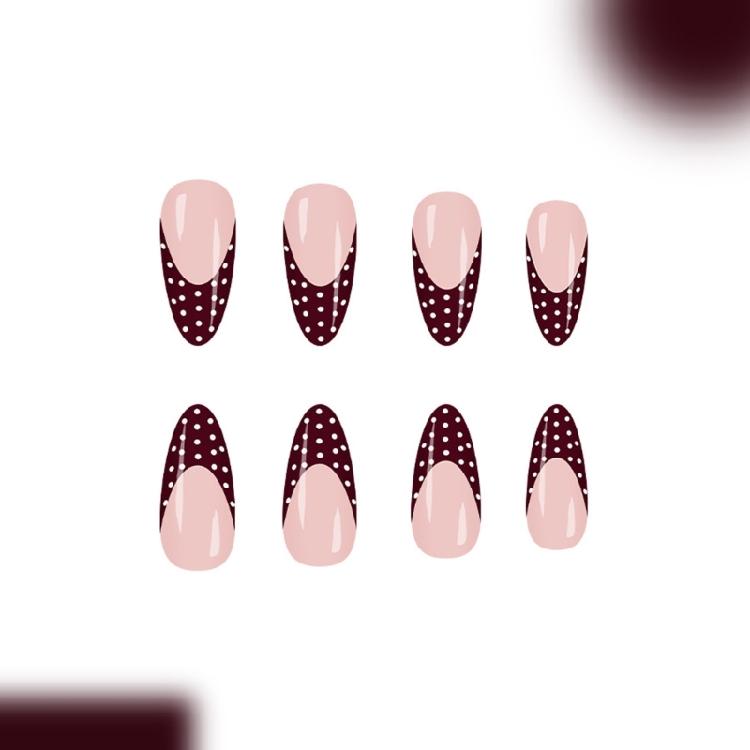 Press On Nail 24pcs Wine Red White Polkas French Design False Nail Breathable ABS Construction For Sensitive Fingers