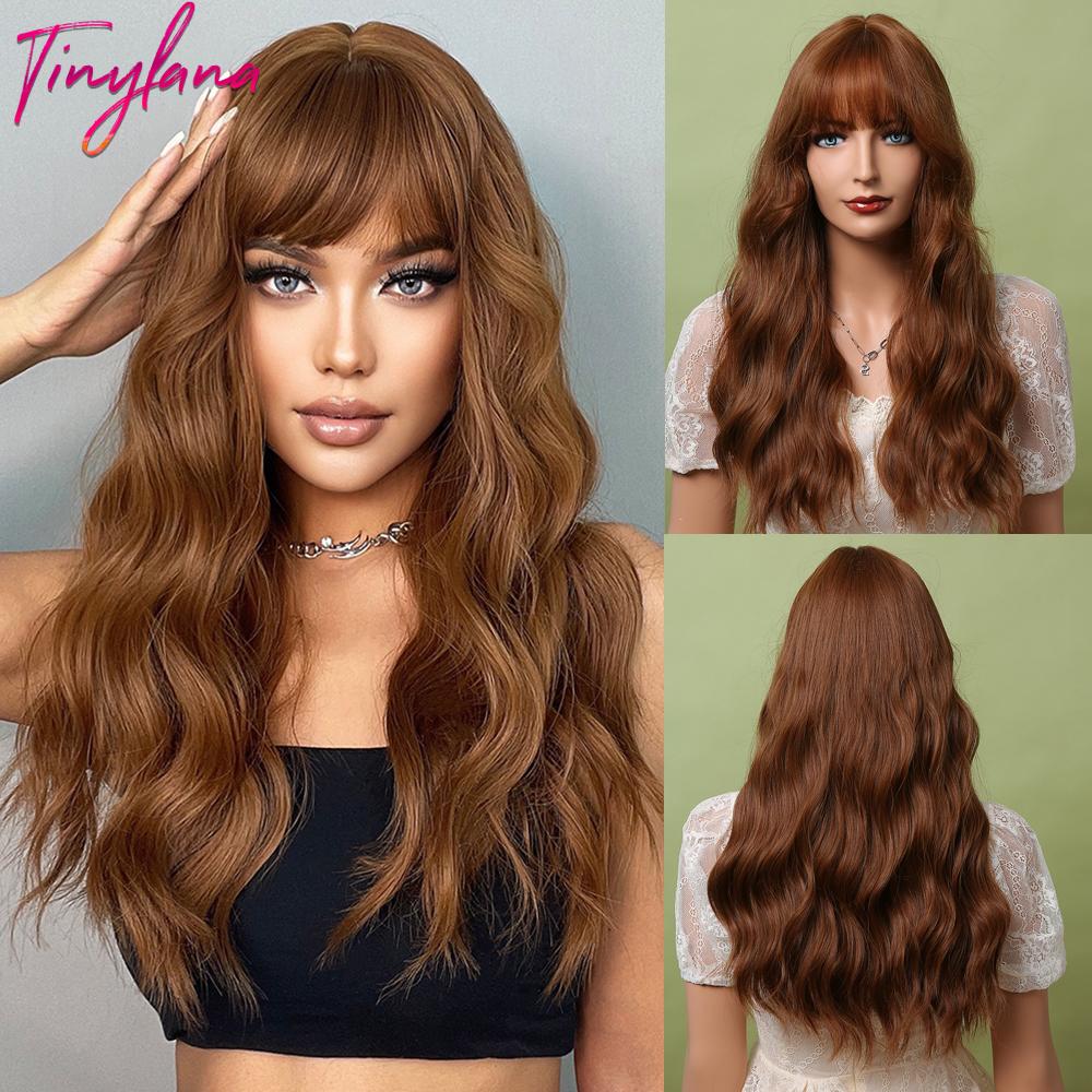 Orange Ginger Synthetic Wig Long Water Wavy Wigs For Women With Bangs Halloween Cosplay Party Daily Natural Heat Resistant Wig