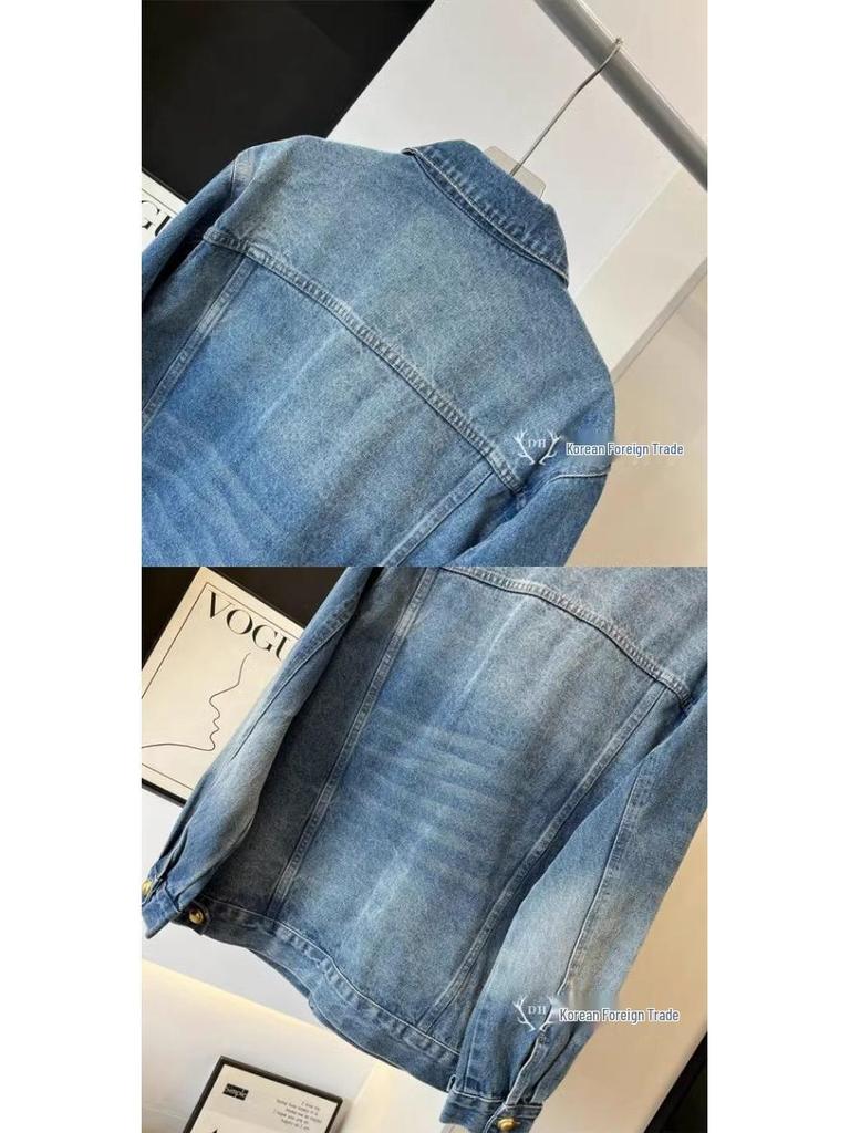 Veste en jean délavé style rétro Hong Kong pour femme - Mode décontractée ample Printemps/Automne 2025