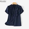 ZANZEA Women's Summer Casual V-Neck Short Sleeve Solid Color Loose Ruffle Blouse