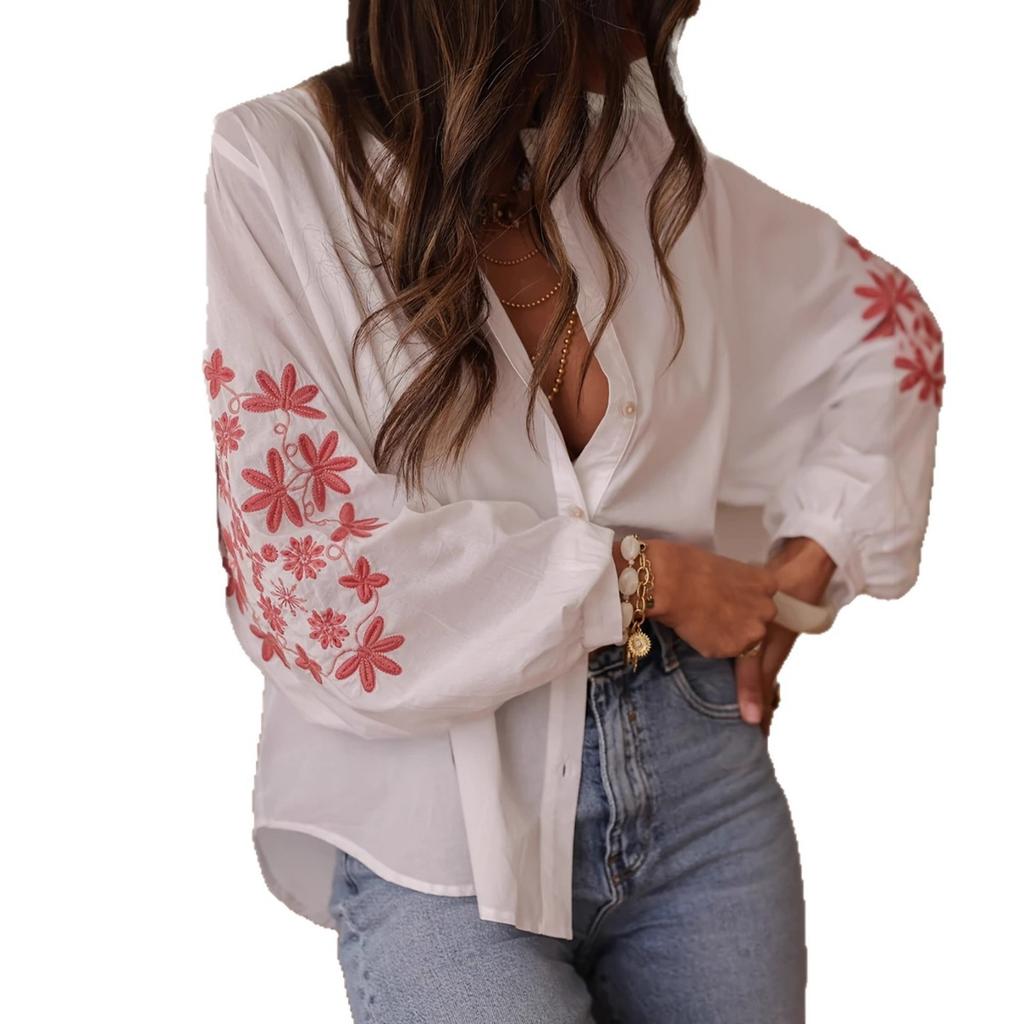 Fall Winter Women's Applique Long Sleeve Loose Blouse Elegant Chinese Style Casual Top For Women