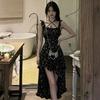Black irregular floral suspender dress women's summer new small French beautiful long dress