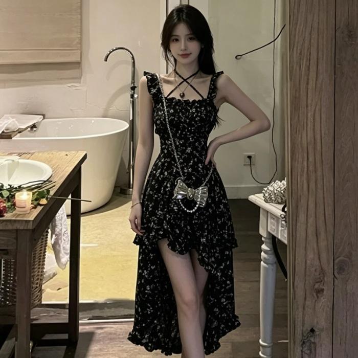 Black irregular floral suspender dress women's summer new small French beautiful long dress