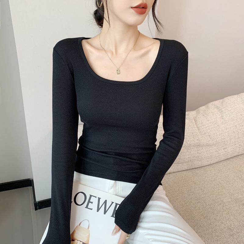 Women's Modal Low-Neck Backless Slim Fit Long-Sleeve Plus Velvet Tee for Autumn and Winter