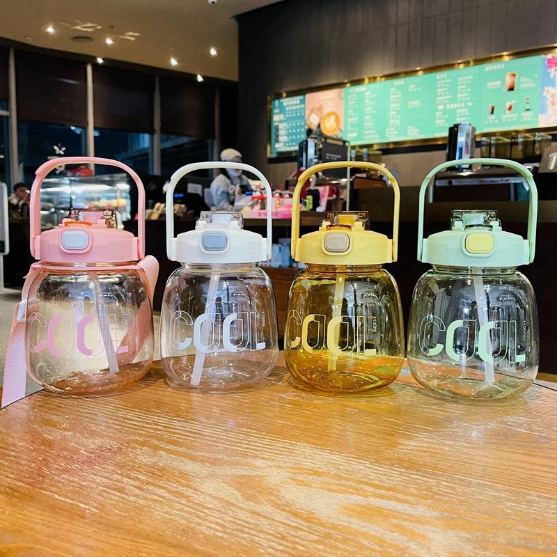 Doppelter Trinkbecher, 1100 ml, großer Bauchbecher, tragbarer Griffgurt, Plastikstrohbecher, großer Bauchwasserbecher