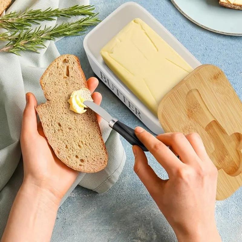 Ceramic Butter Box Butter Dish with Bamboo Lid and Knife Ceramic Butter Container with Lid for Countertop Butter Keeper Holder