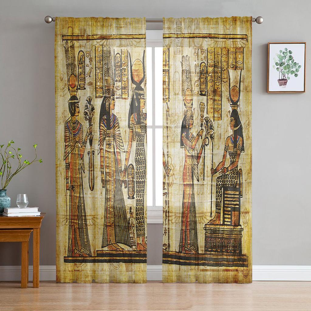 Ideal for Living Room Bedroom Space Space Decoration Window Opening Voiles Morning Tulle Drape1 - Ancient Egypt Art Cat Feather Retro Sheer Curtains