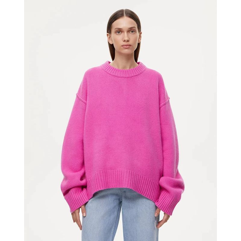 

European and American New Knitted Autumn and Winter Loose Round neck sweater Knited Loose round Neck Sweater Rose Red L
