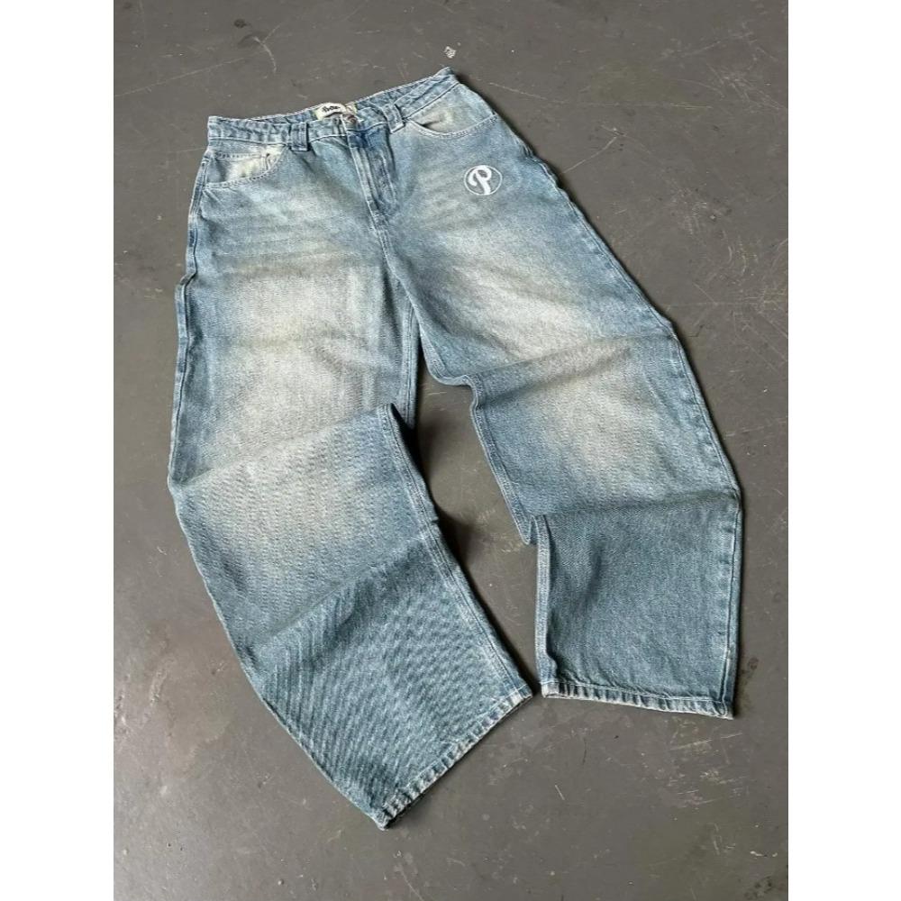 Streetwear Jeans Y2K Mens Pants Harajuku Hip Hop Letter Embroidery Vintage Blue Baggy Jeans High Waist Wide Leg Trouser
