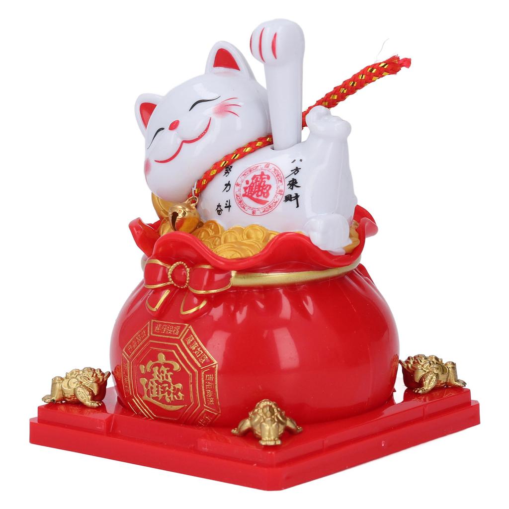 Lucky Cat Statue Solar Light Sensing Automatic Waving Arm Fortune Bag Cat Ornament for Home Car