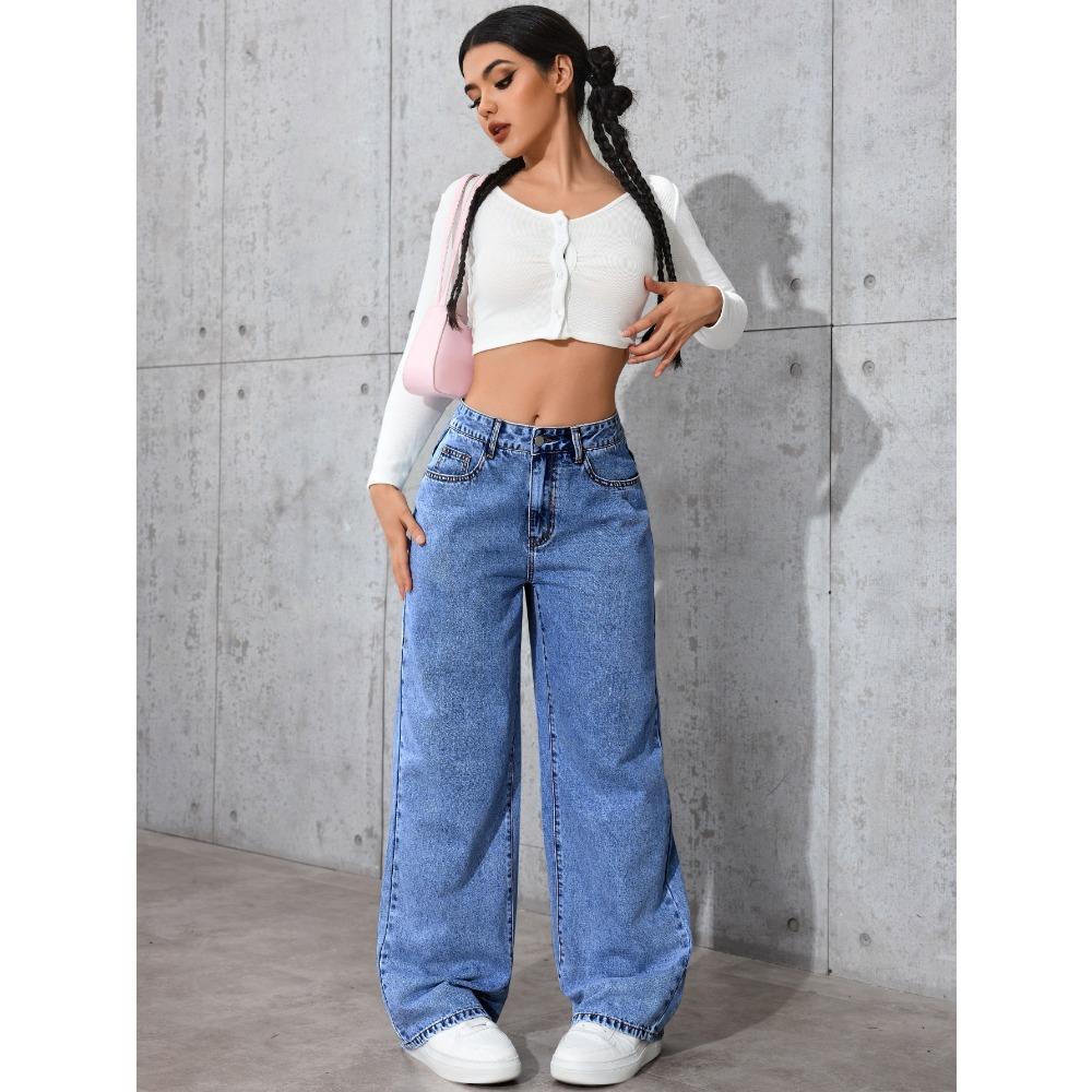 Damen Jeans mit hoher Taille und geradem Bein, Lockere Wide Leg Jeans aus Denim, Säuregewaschen Hellblau Dehnbare Jeans mit Taschen, Lässige Büro-Arbeitshosen