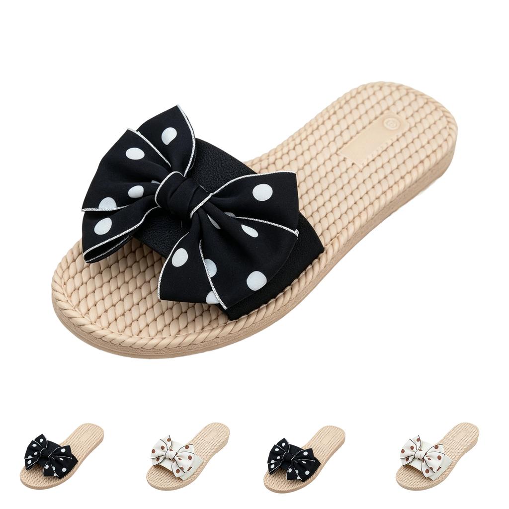 Womens Polka Dot Bow Espadrille Platform Slide Sandals Open Toe Flat Beach Shoes with Woven Sole