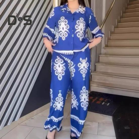 

2 шт./компл., женская рубашка и брюки, комплект контрастного цвета с отложным воротником, топ с рукавами три четверти, широкие брюки с эластичной резинкой на талии, свободные брюки, одежда для поездок на работу, блузка S синий