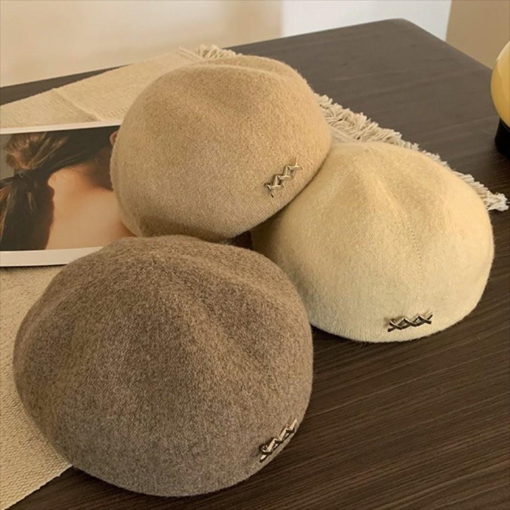 Metal Label Woolen Berets Solid Color Newsboy Hat Retro Octagonal Cap Party