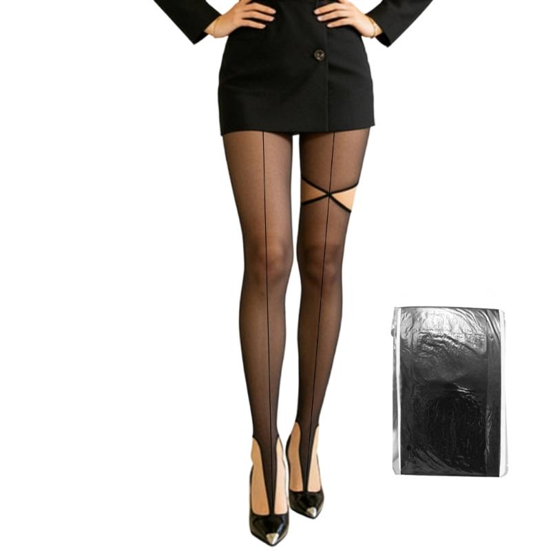 Women's Sheer Tights Thin High Waist Pantyhose Vertical Line Pantyhose Tights Hollowed Out Thigh High Stockings Hosiery