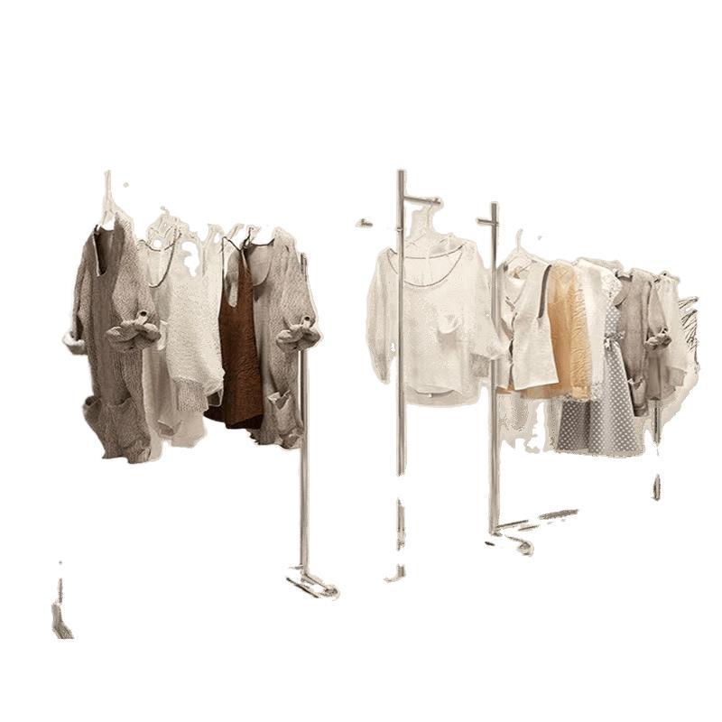 Clothing Store Display Rack: Stainless Steel Minimalist Floor-Standing Rack for Men's, Women's, and Children's Apparel.