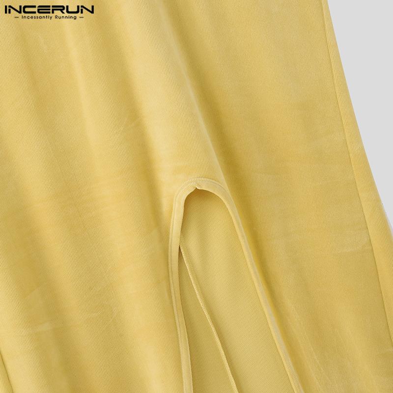 INCERUN Men Turtleneck Sleeveless Ribbed Splits Tops High Low  Long Tunic T-shirts