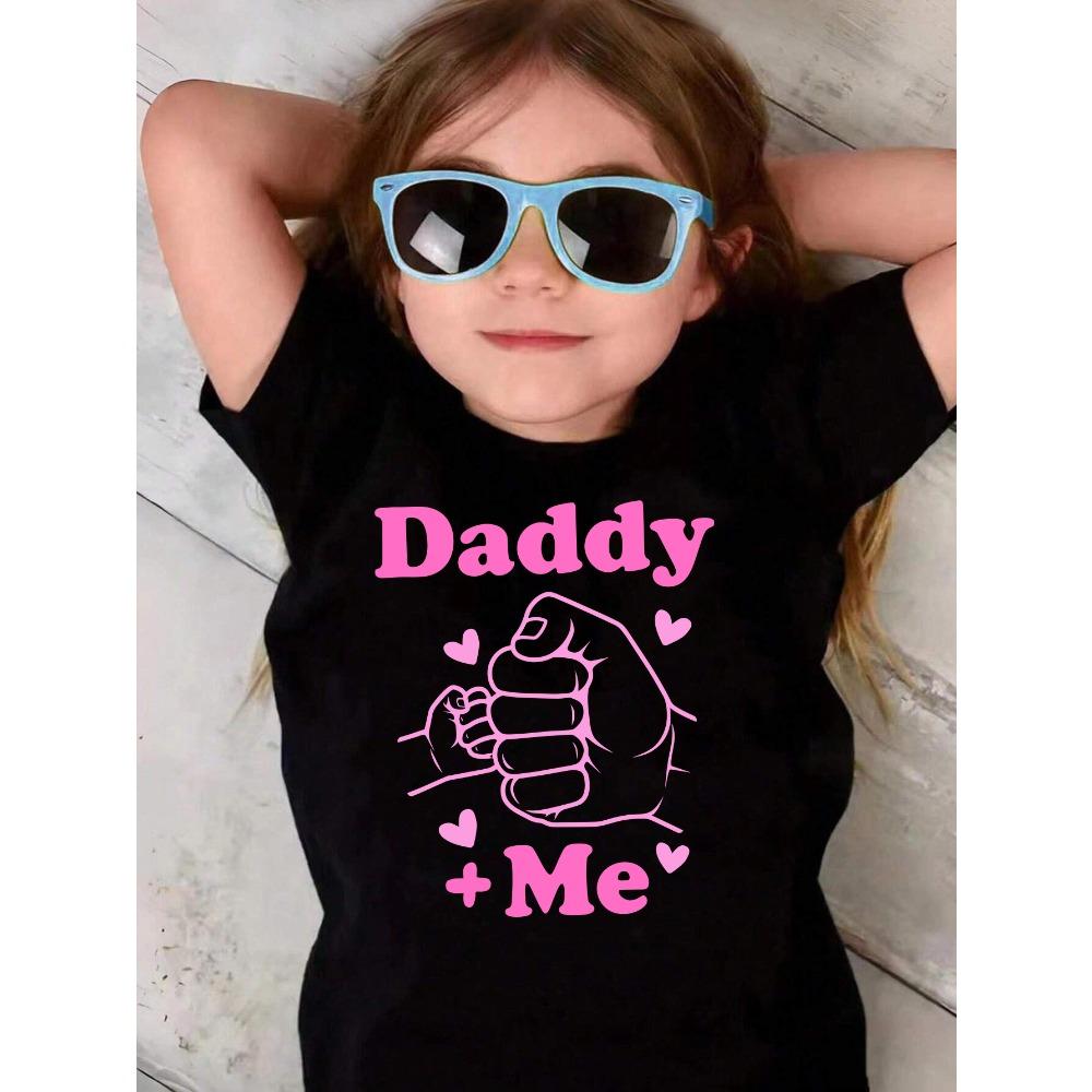 Daddy & Me Text Print T-Shirt Black Pink Daddy Fist Bump Print & Footprints Soft Children Tee Short Sleeve Summer Casual Tops 110