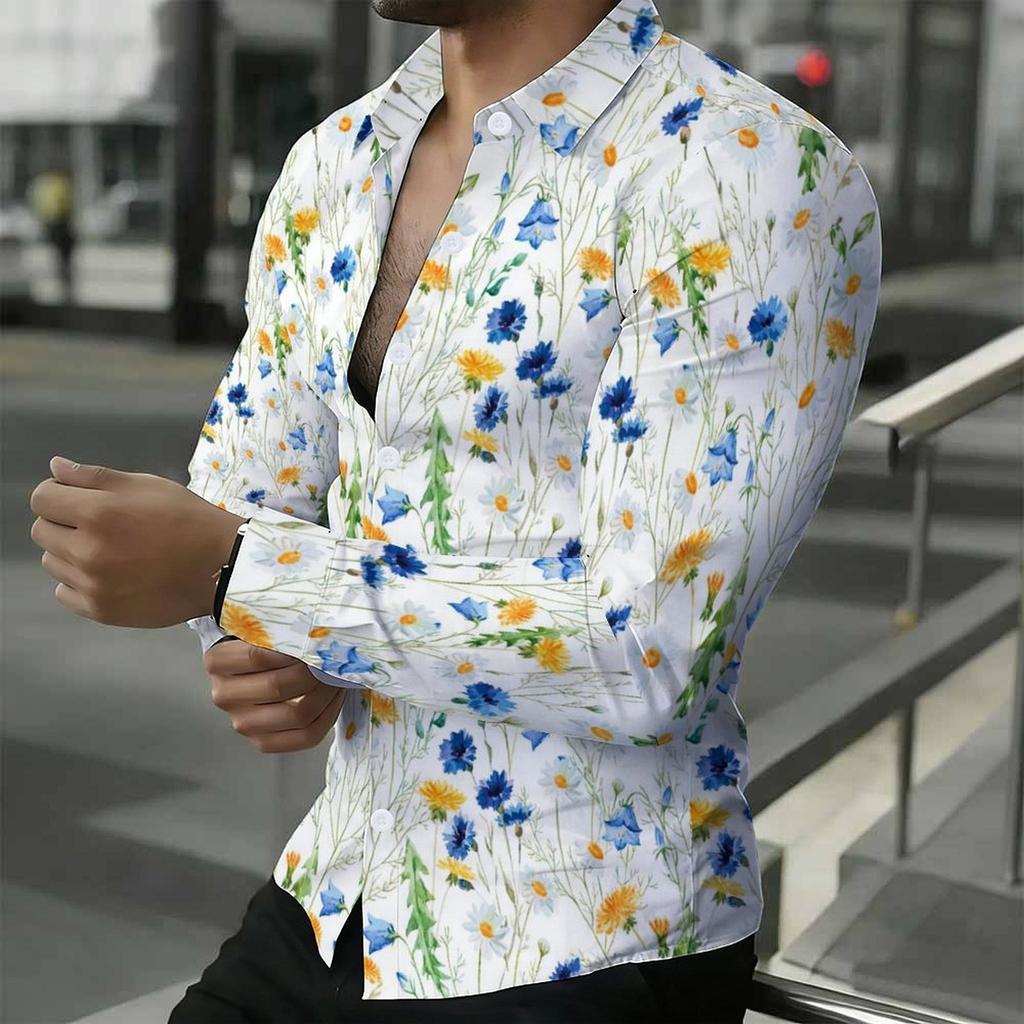 Camisa de Hombre con Cuello Estampado de Amapola Silvestre Helecho Blanco Rosa Morado Manga Larga Botones Arriba