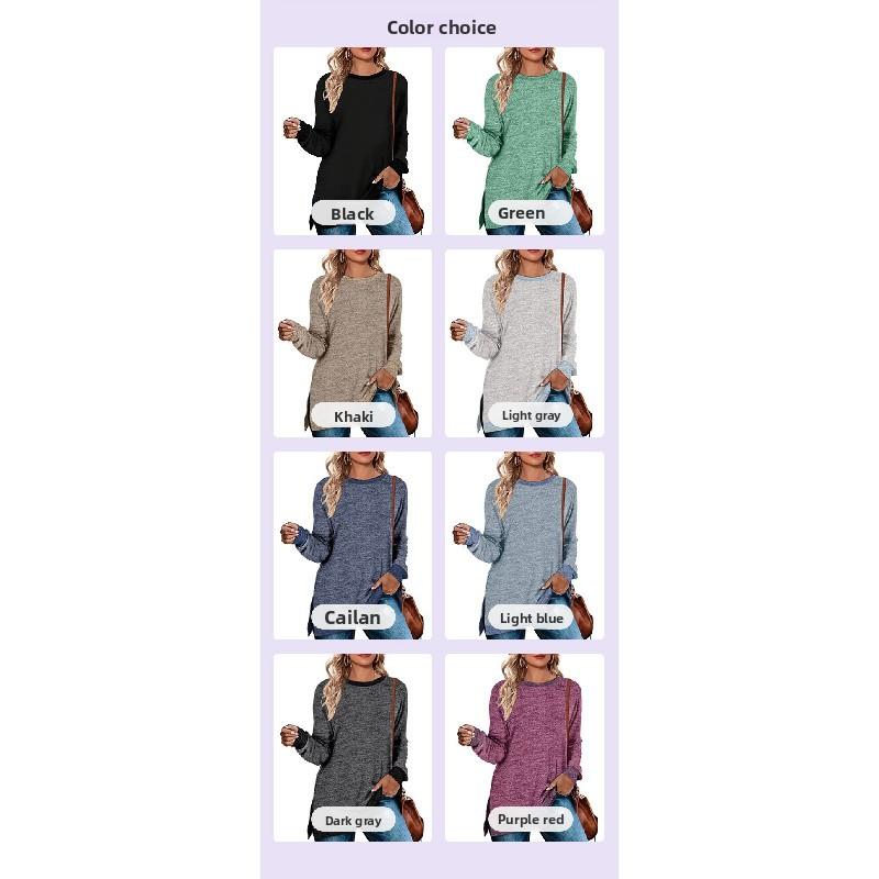 2026 New Long-Sleeve Round-Neck Color-Block Slit Top for Women, Loose Casual Pullover T-Shirt