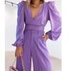 Women's V-neck Long Sleeve Shirt High Waist Wide Leg Pants Fashion Casual Set V-Neck Two-Piece Set