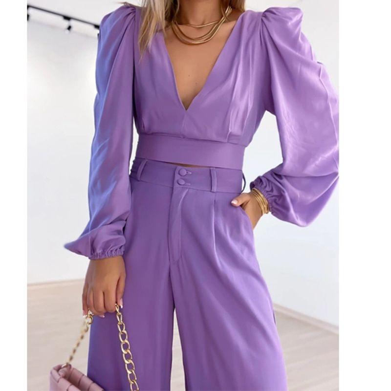 Women's V-neck Long Sleeve Shirt High Waist Wide Leg Pants Fashion Casual Set V-Neck Two-Piece Set
