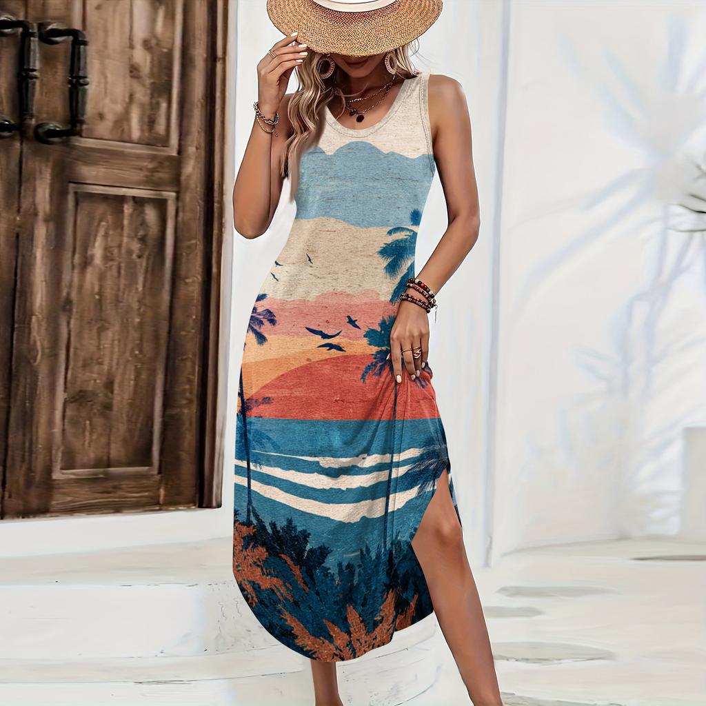 Women Sleeveless Casual Loose Fit Long Dress Hawaiian Print Side Slit Summer Beachwear Maxi Dress Comfortable Lightweight