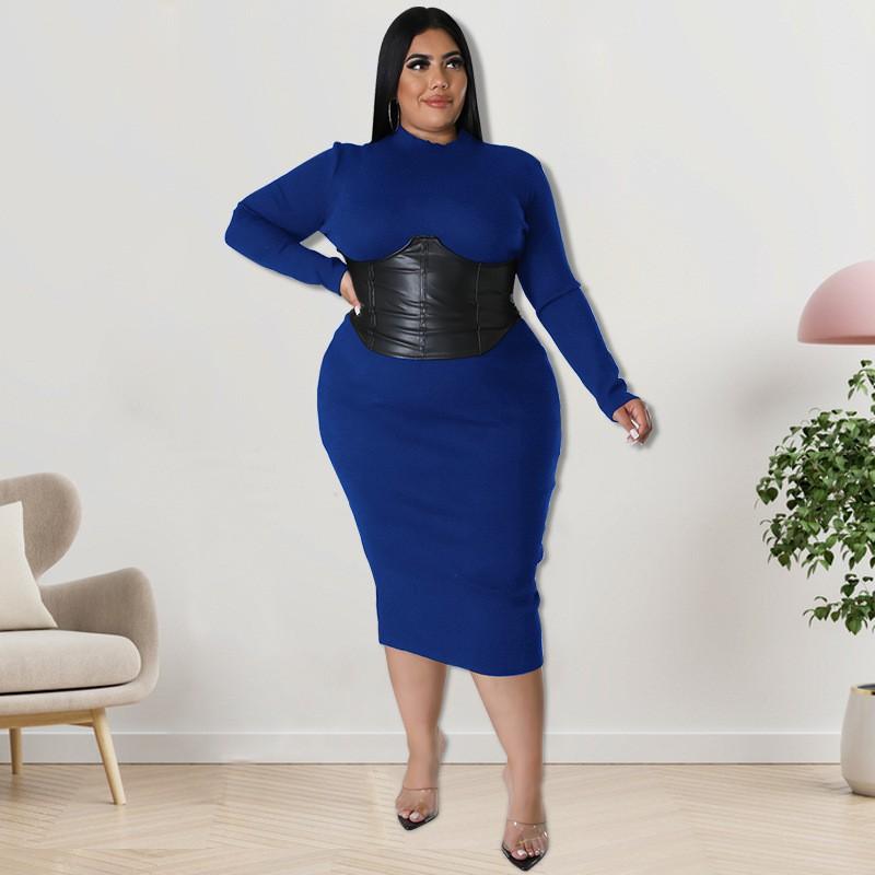 Plus Size Womens Knit Midi Dress With Zipper Detail Double-Layer Collar Long Sleeve Milk Silk Fabric Sweet Fresh Style