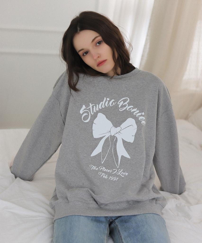 BONIEE [Fleece Lined] Ribbon Graphic Oversized Sweatshirt Gray
