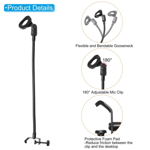 PATIKIL 18.5" Gooseneck Desk Microphone Stand with Clip, Flexible Arm, Desktop Microphone Stand for Singing and Speech, 3/8" To 5/8" Microphone Holder