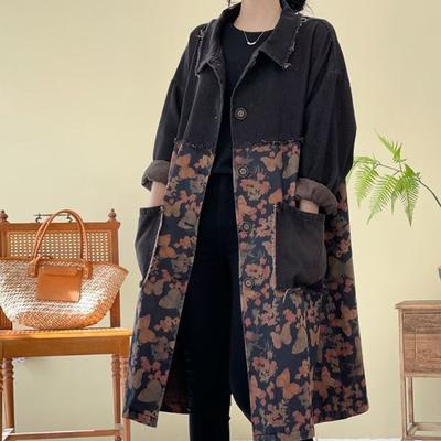 Temperamento Primavera y Otoño Mujer Coreana Chaqueta Cortavientos Denim Holgada de Largo Medio con Costuras Estampadas Talla Grande